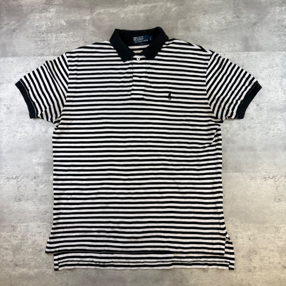 Polo Ralph Lauren Mens Large Black White Striped Short Sleeve Pique Polo Shirt